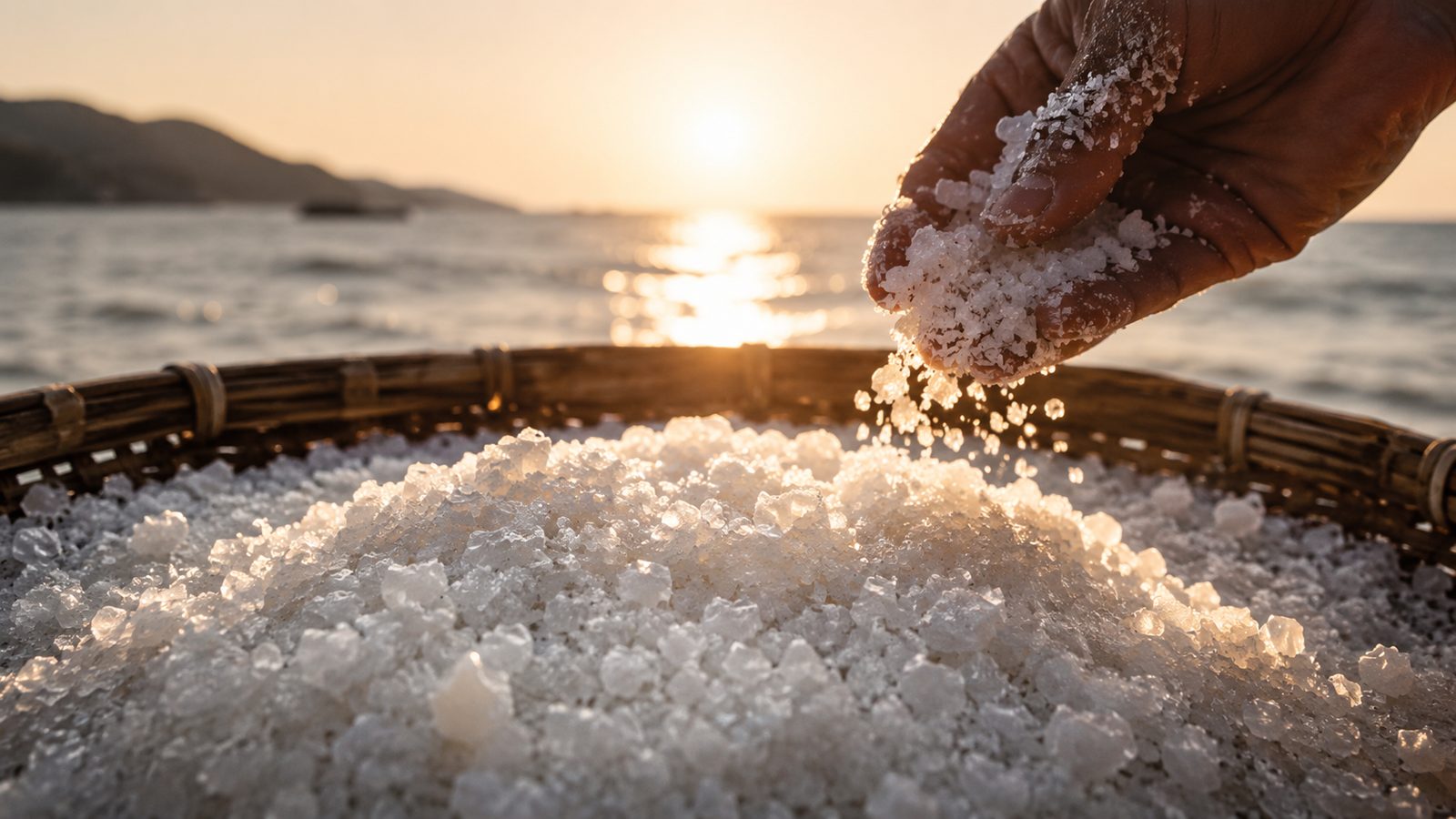 A hand letting coarse sea salt crystals fall into a woven basket at sunset, the sea behind.