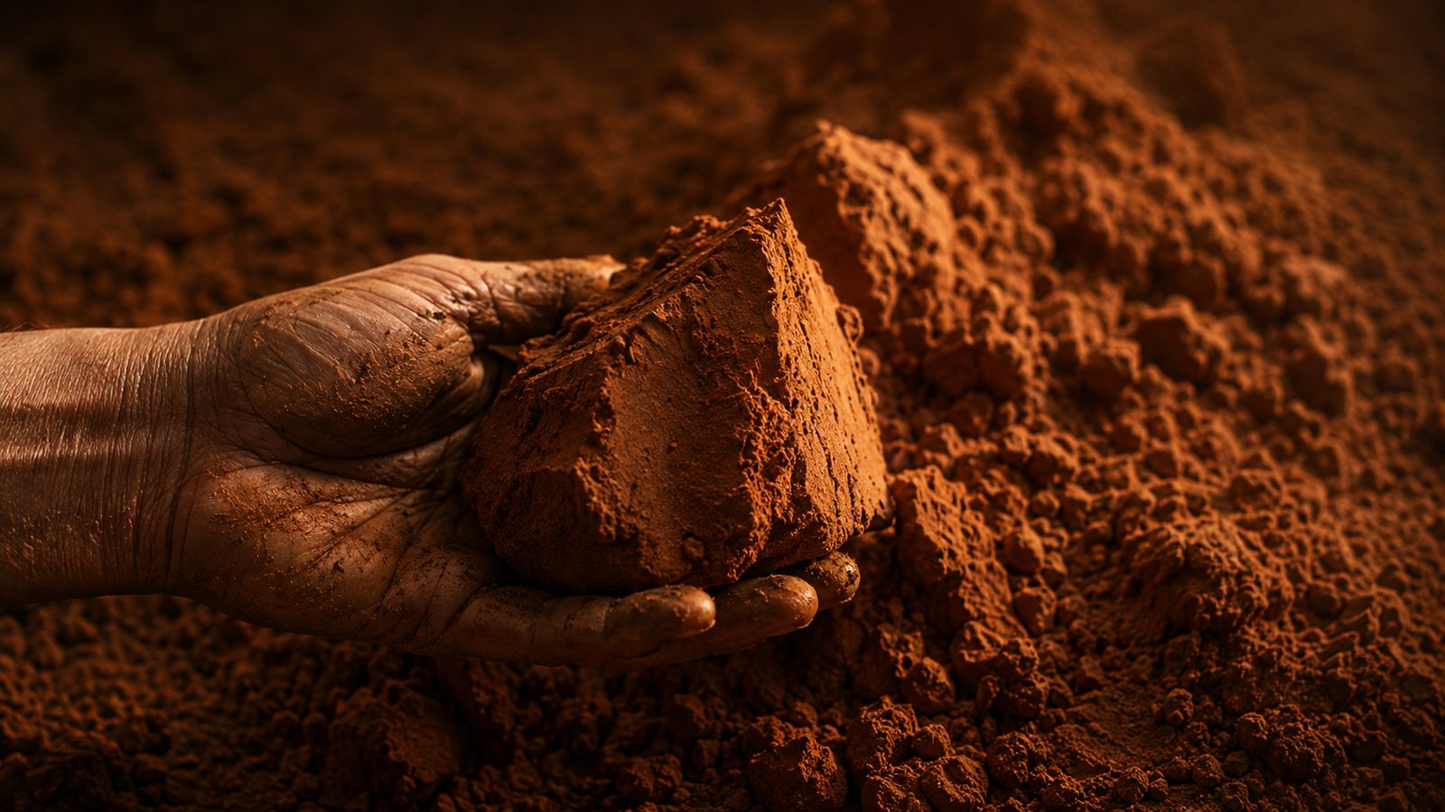 A weathered hand gripping a fistful of raw iron-rich ochre clay.