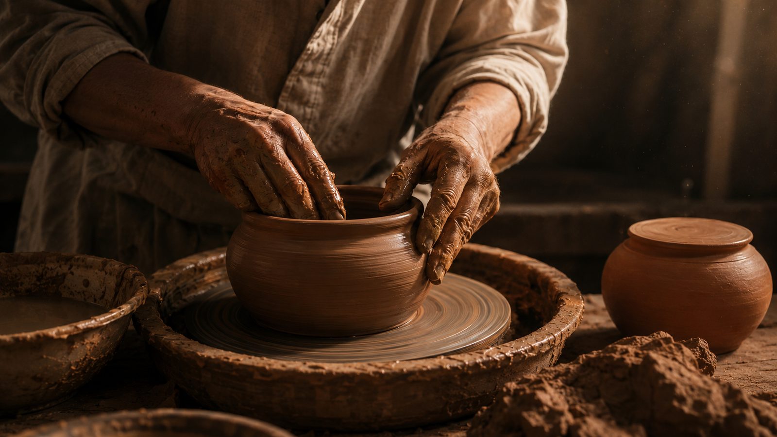 A potter's clay-covered hands shaping a round onggi jar on a spinning wheel.