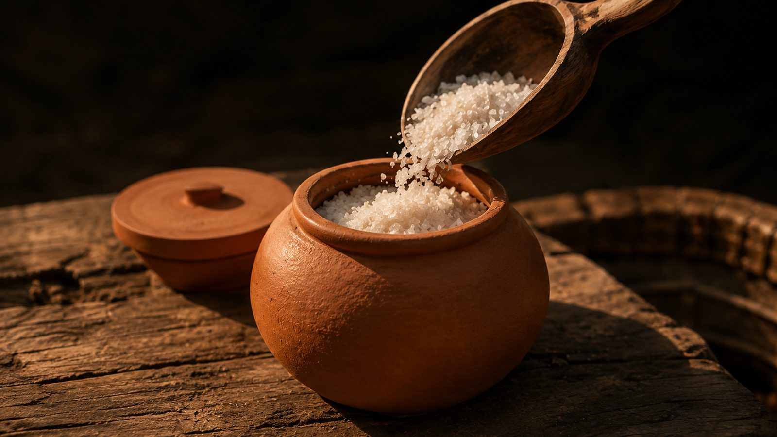 Coarse white sea salt being poured from a wooden scoop into a terracotta onggi jar.