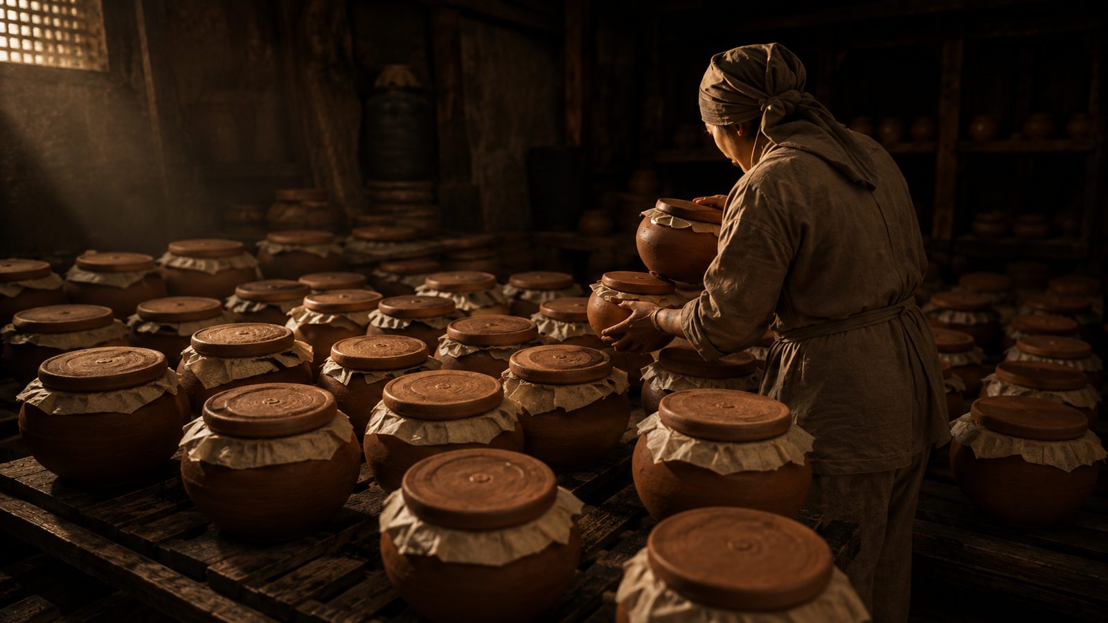 Dozens of identical terracotta jars covered with paper and clay lids, a maker sealing them one by one.