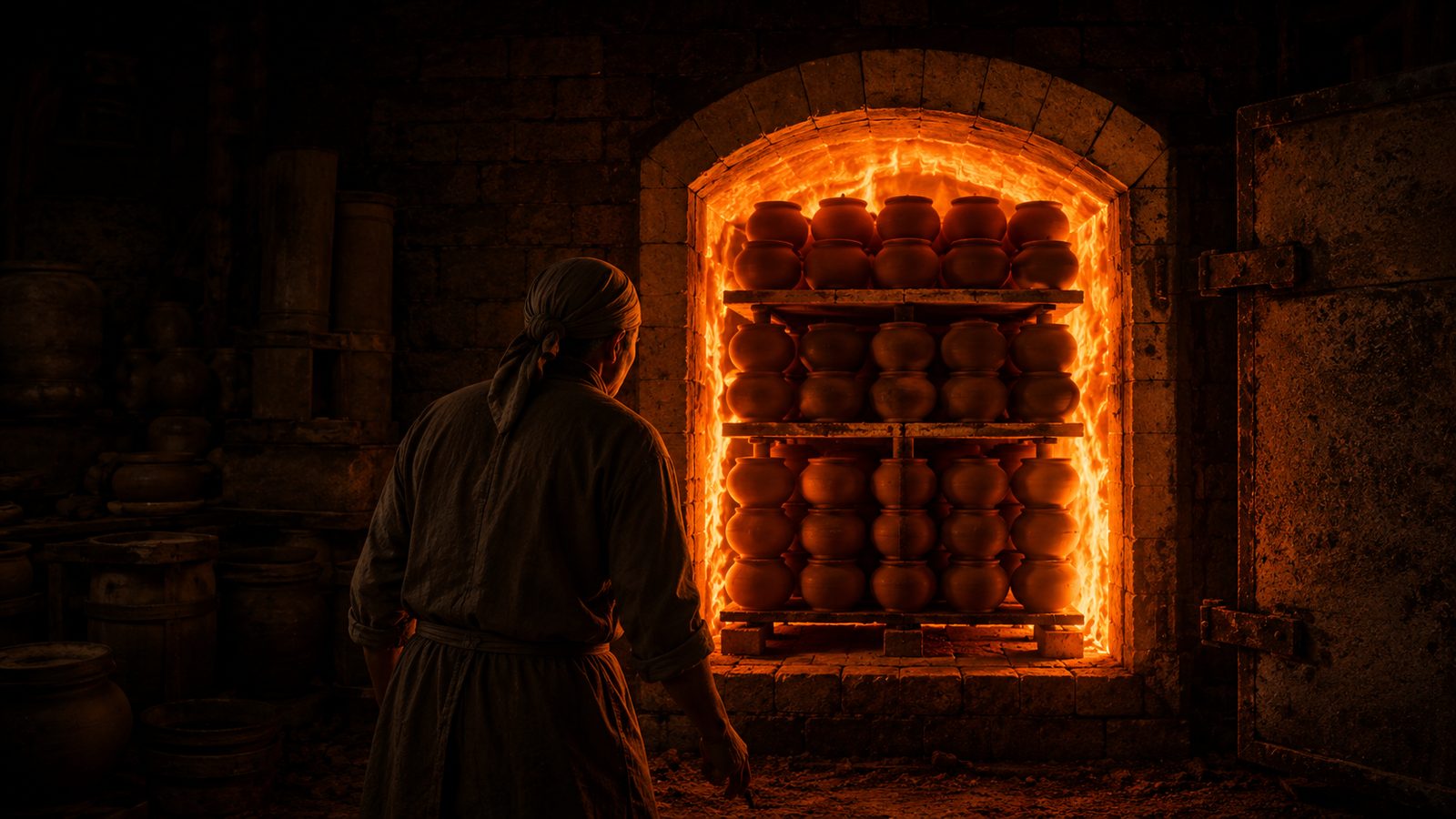A maker standing in silhouette before a glowing kiln stacked with rows of sealed clay jars.