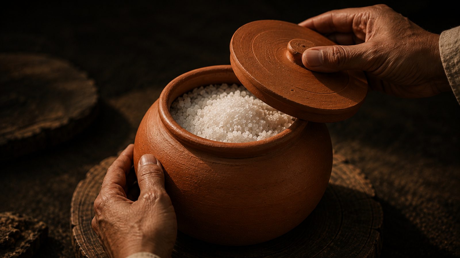 Two hands lifting the clay lid from a fired onggi jar full of white salt.