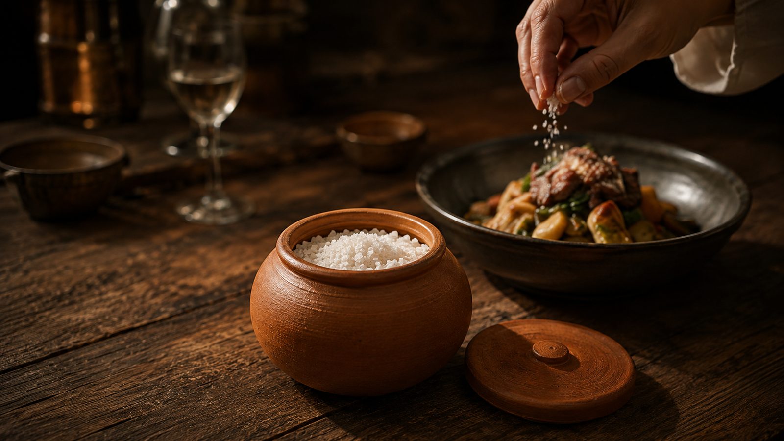 The fired onggi jar open on a wooden table beside a dish, a hand scattering salt.